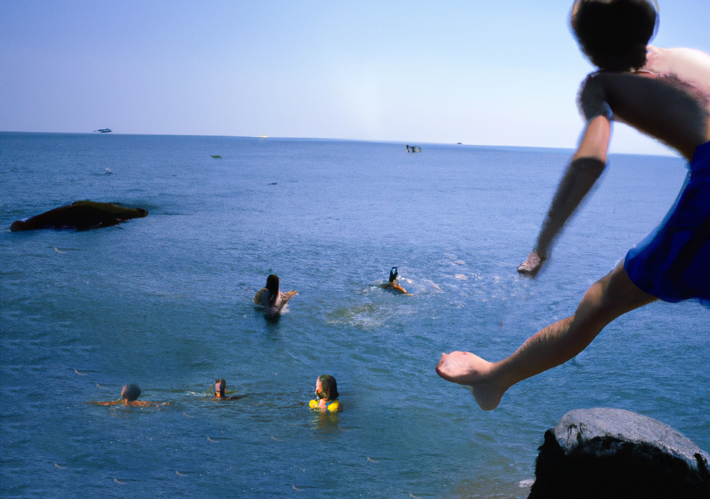 DALL·E 2023-08-06 11.25.52 - Teenager at sandy beach with a teenage boy jumping off a rock into the water where there are other swimmers waiting for him to jump using a first pers